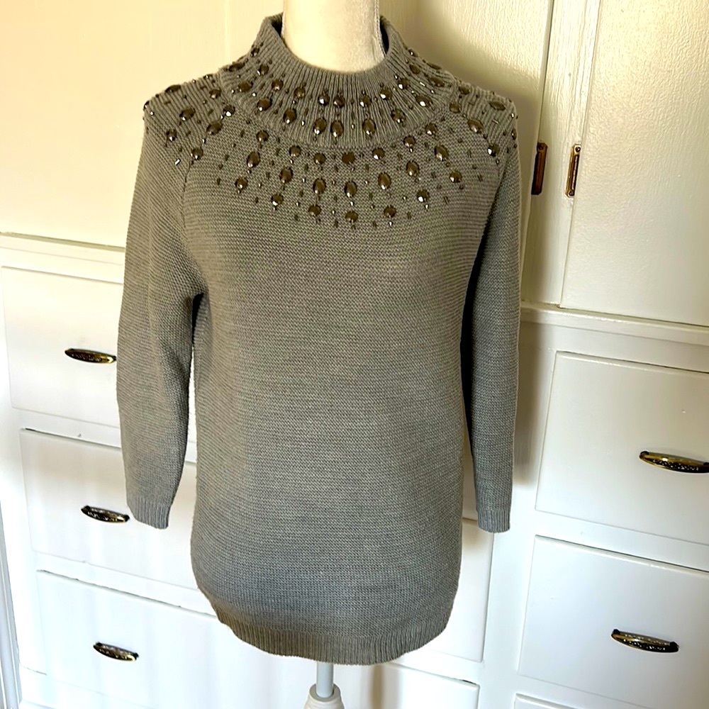 New York & Company jeweled grey silver mock neck sweater. Sparkle and bling.